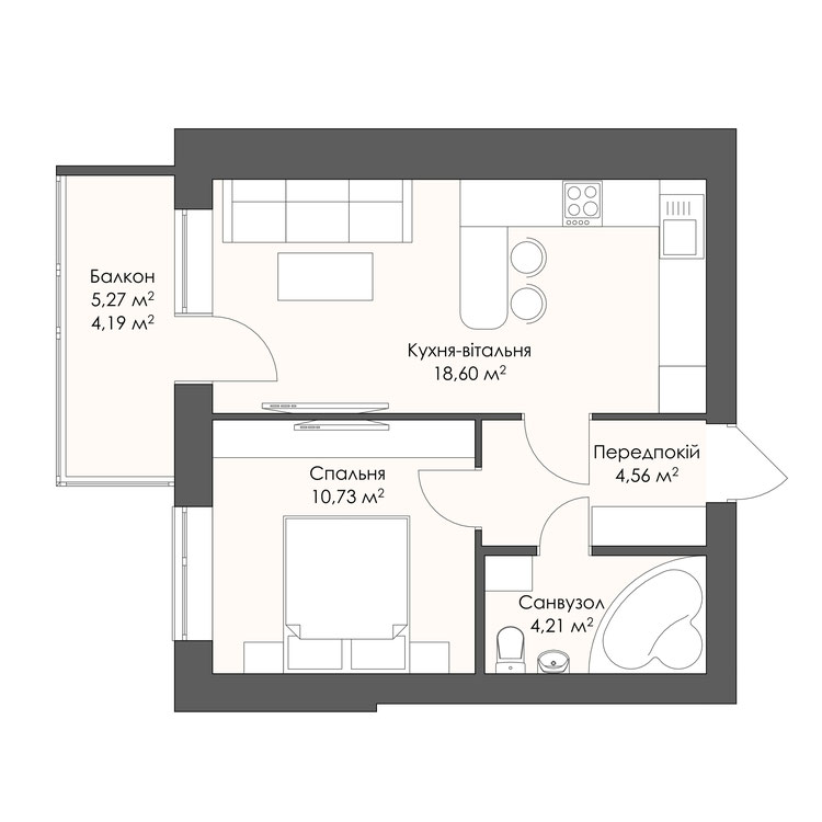 Планування квартири площею 42,29 м²