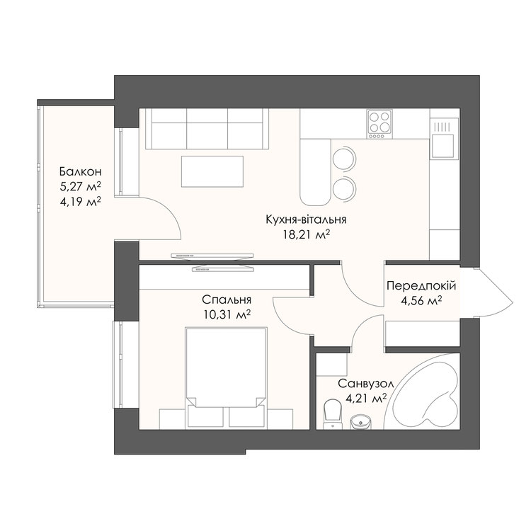Планування квартири площею 41,48 м²