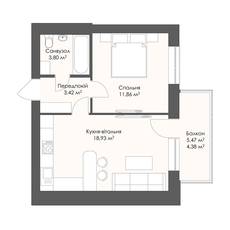 Планування квартири площею 42,39 м²