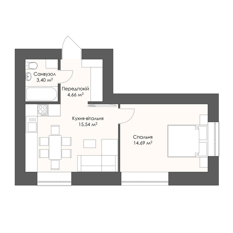 Планування квартири площею 38,29 м²